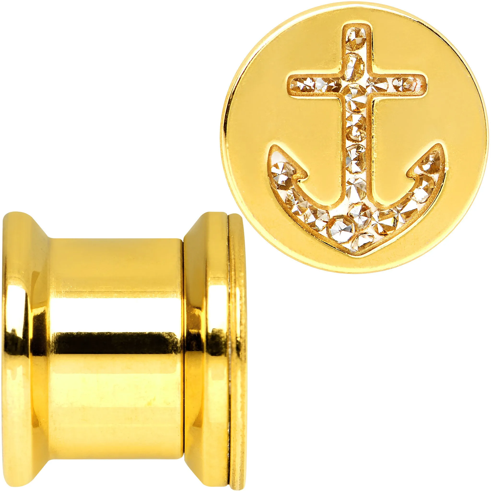 00 Gauge Gold Plated Steel Clear Gem Anchor Saddle Stash Plug Set