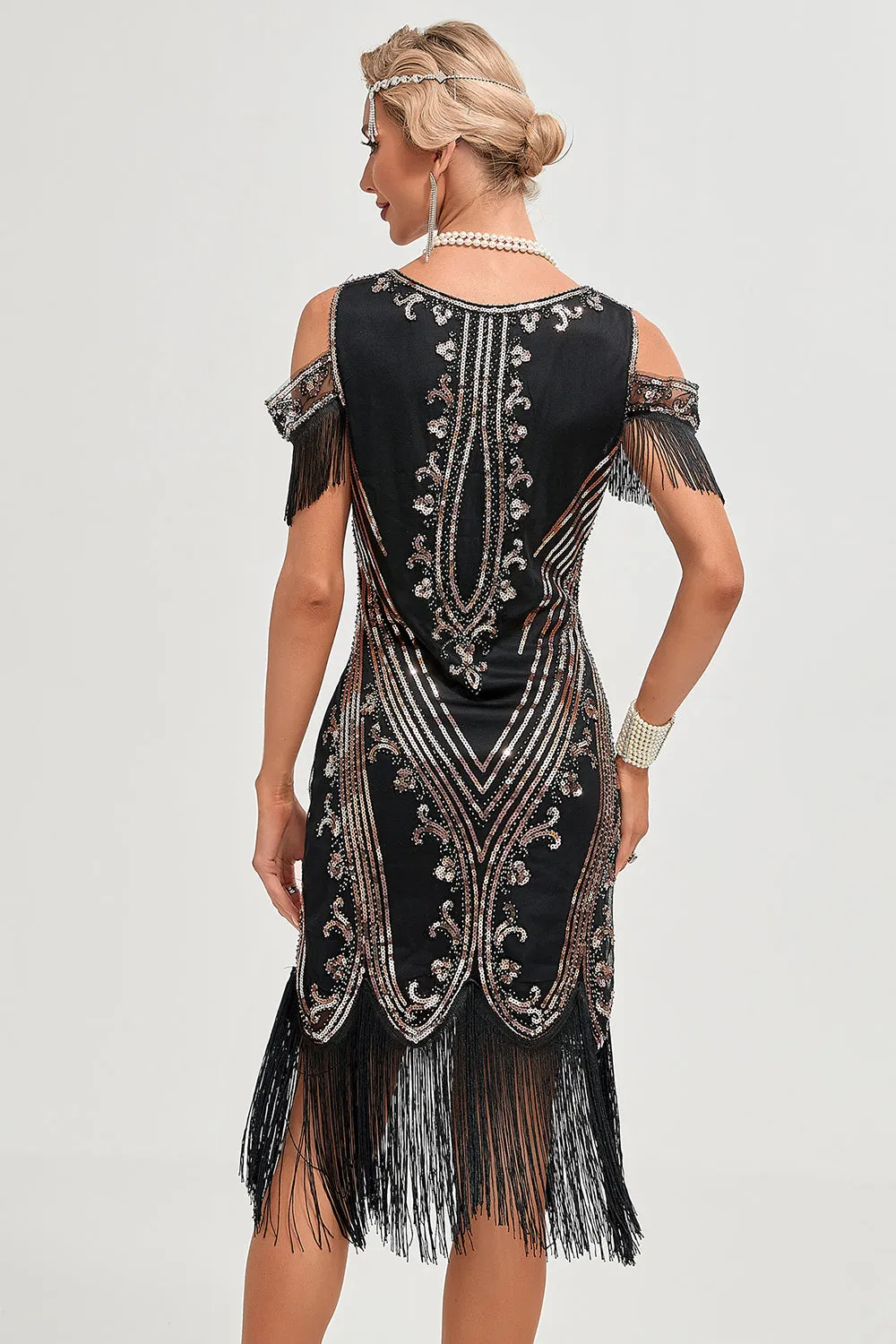 Black Cold Shoulder Sequins Fringes 1920s Gatsby Dress