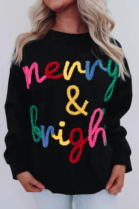 Black Colorful Merry & Bright Tinsel Graphic Sweater