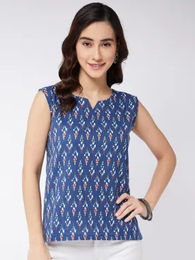 Blue Kantha Ikkat Print W/U Top