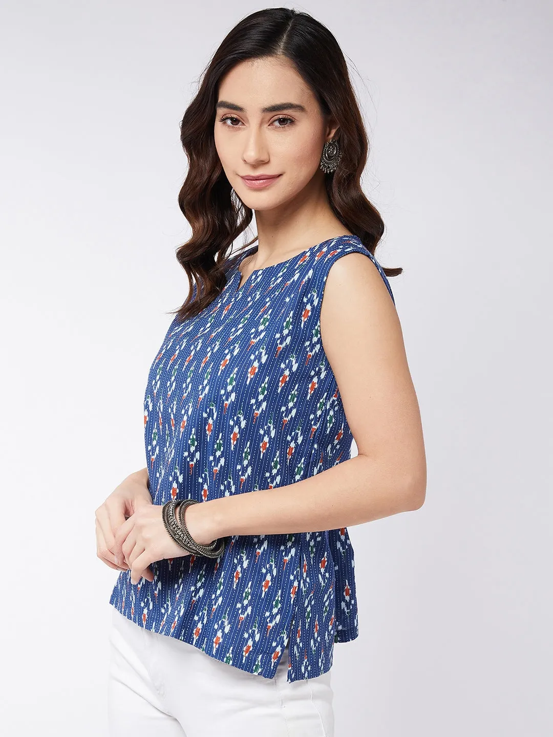 Blue Kantha Ikkat Print W/U Top