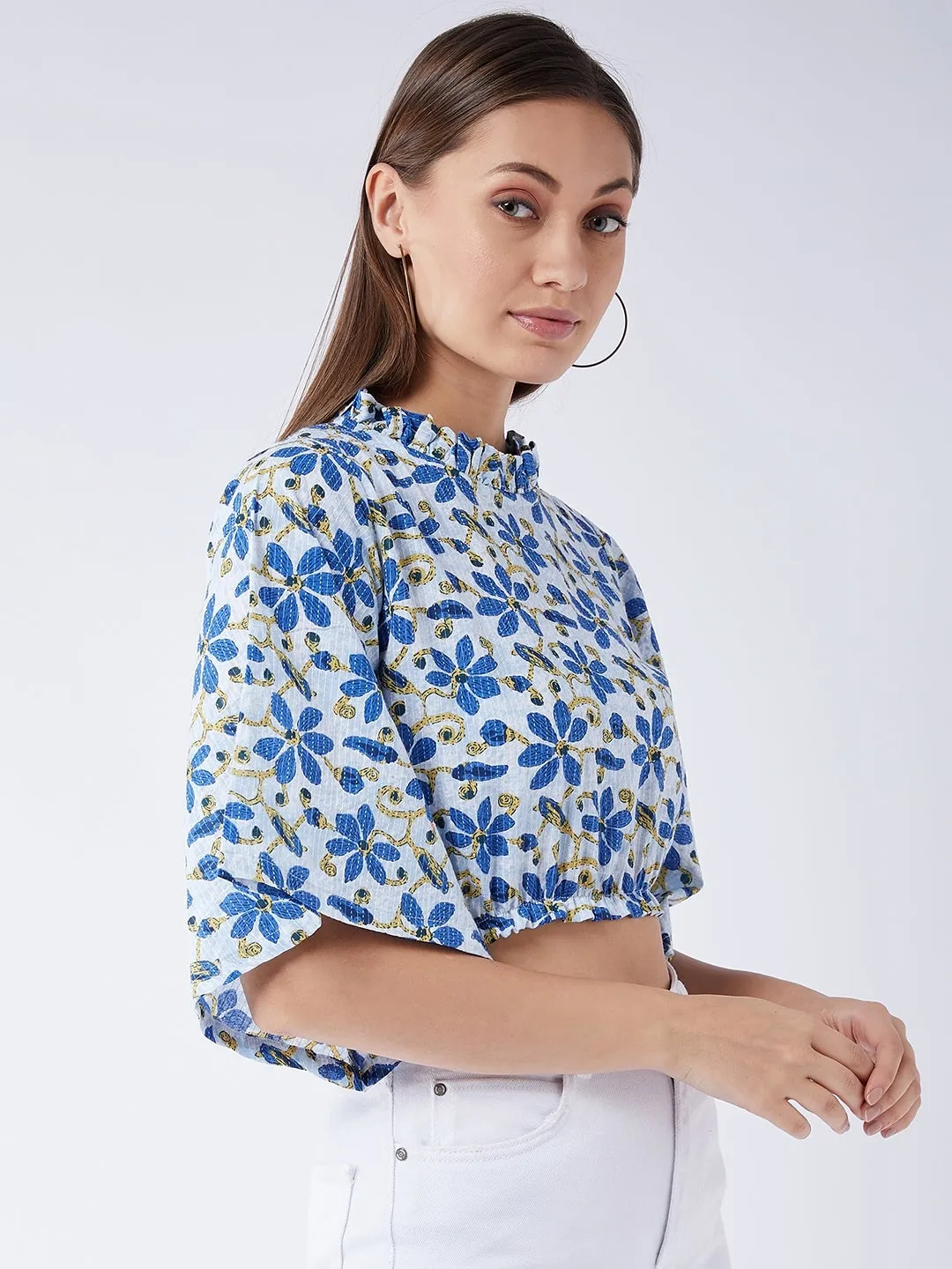 Cerulean Blue Bell Sleeves Crop Top