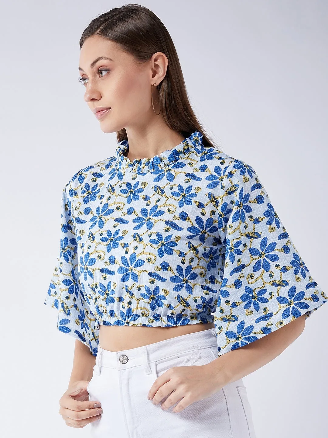 Cerulean Blue Bell Sleeves Crop Top