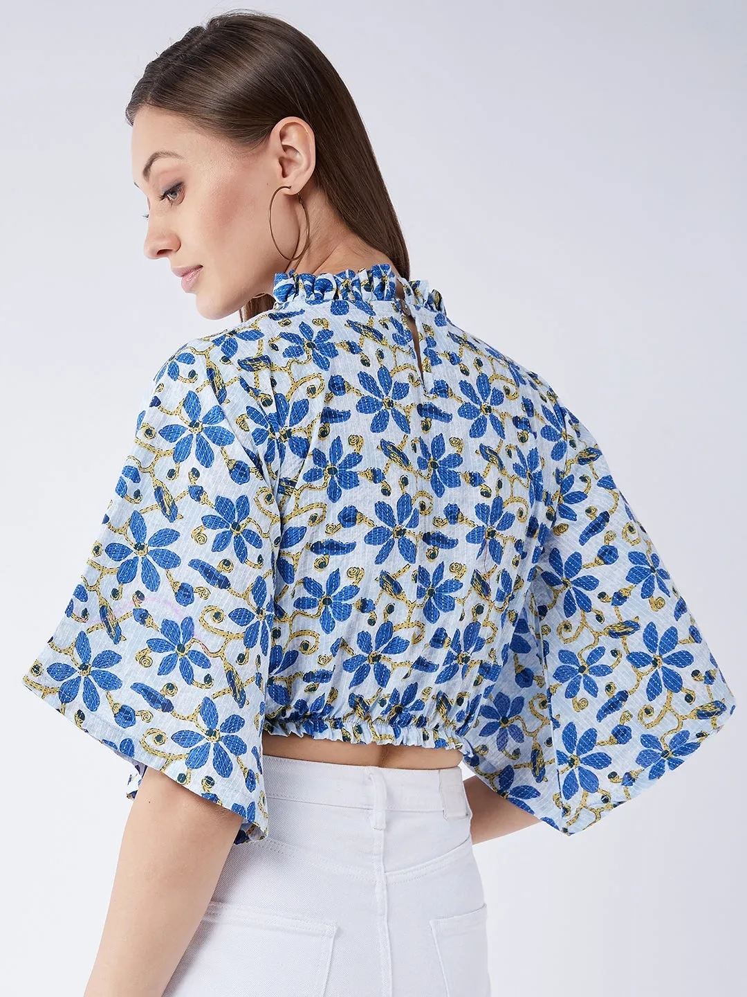 Cerulean Blue Bell Sleeves Crop Top