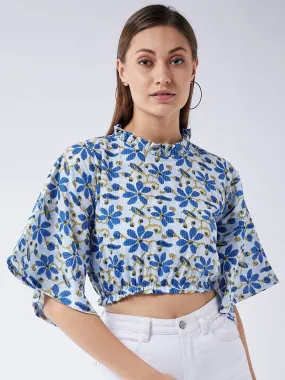 Cerulean Blue Bell Sleeves Crop Top