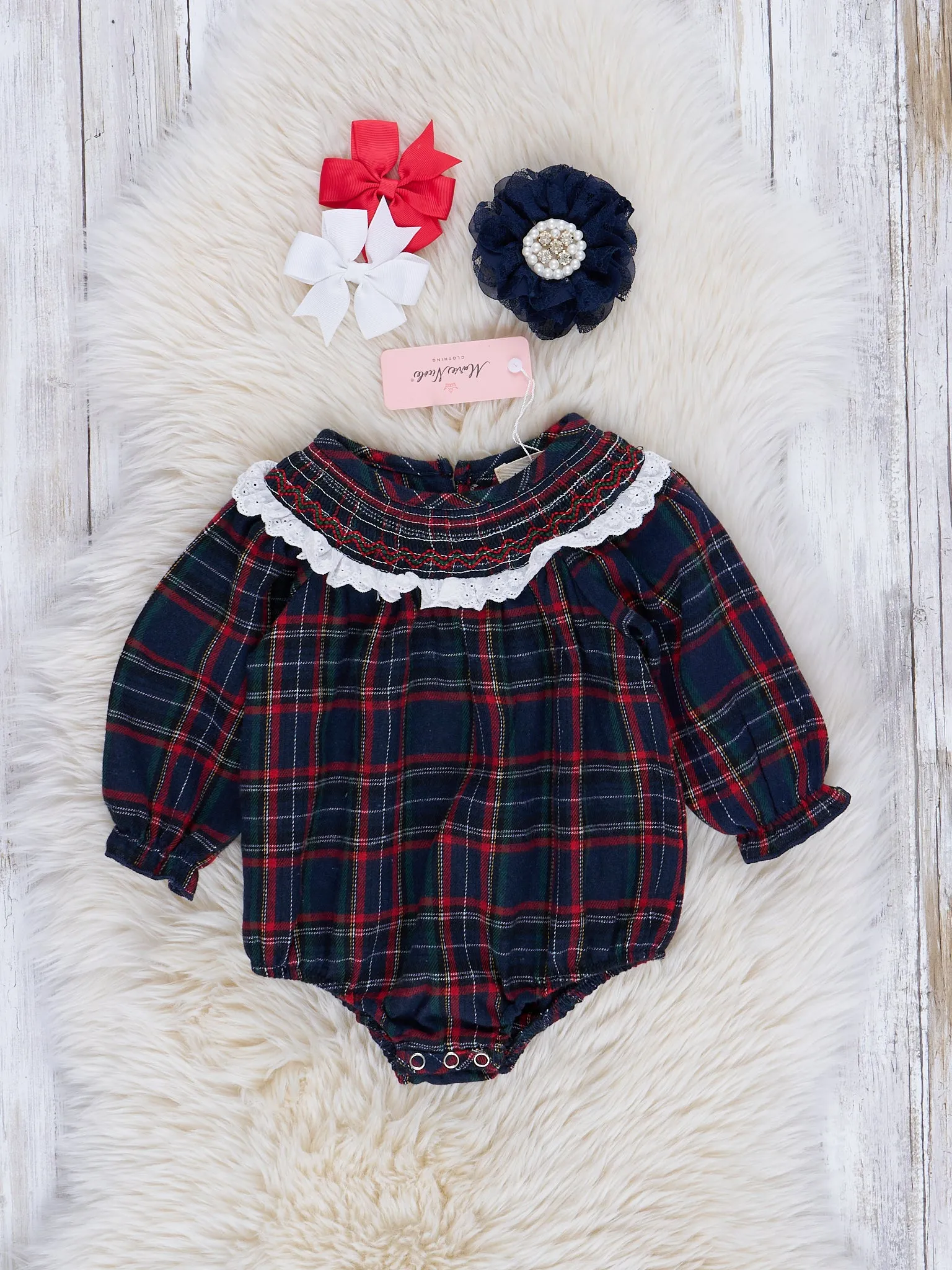 Deep Navy Plaid Smocked Ruffle Collar Romper