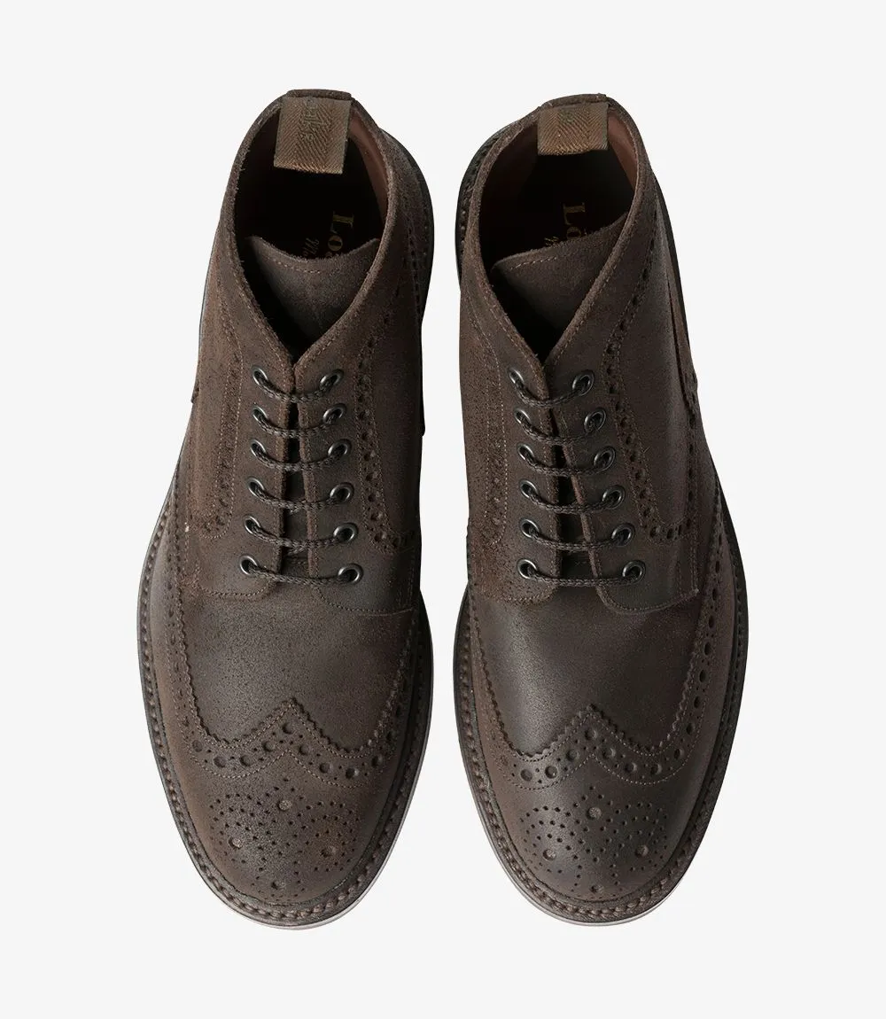 LOAKE Bedale Brogue Suede Boot - Dark Brown Waxy