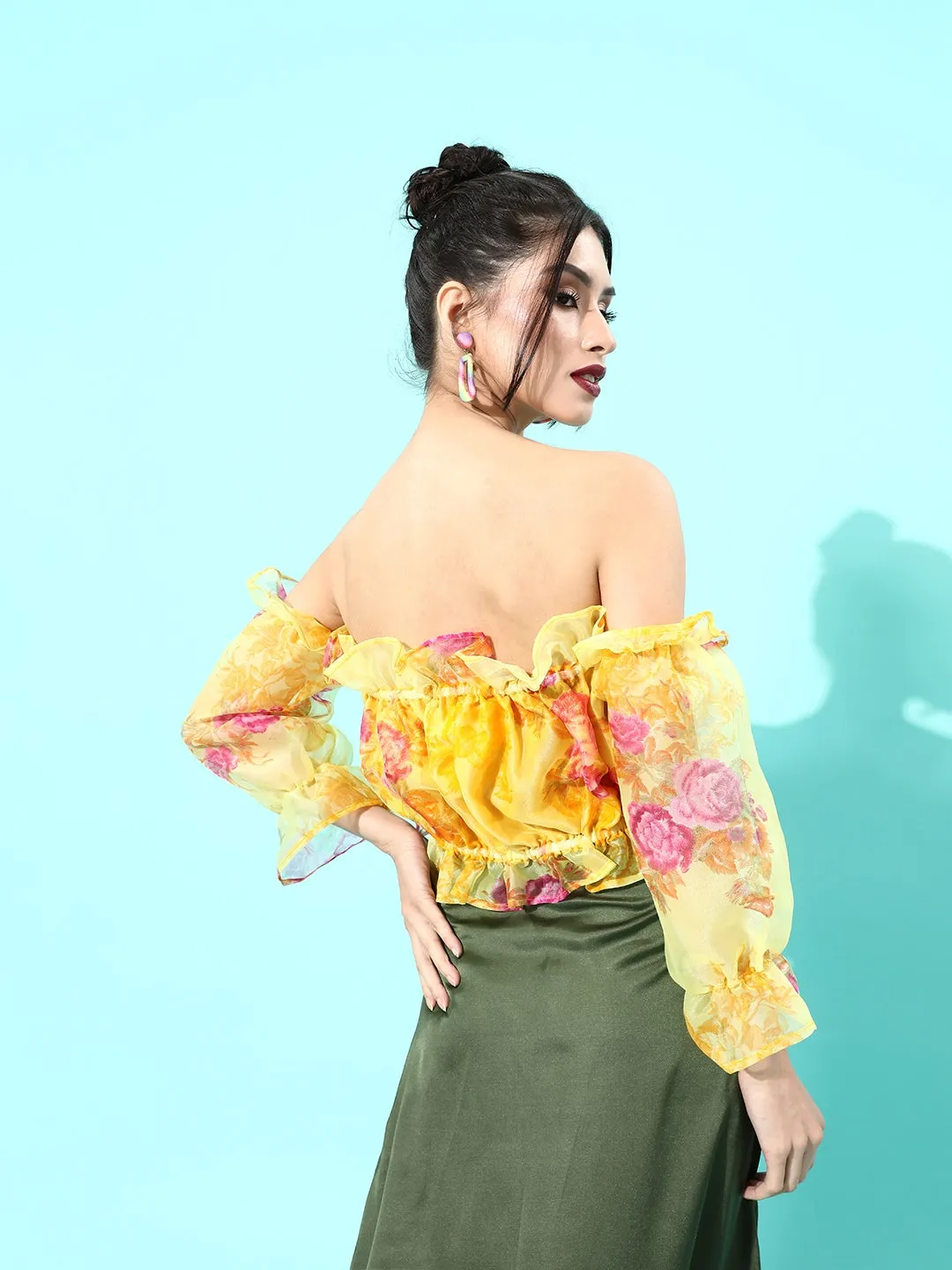 Mustard Printed Off-Shoulder Organza Top