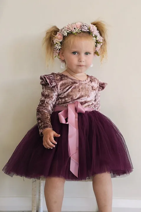 Nellie Girls Velvet Dress - Plum