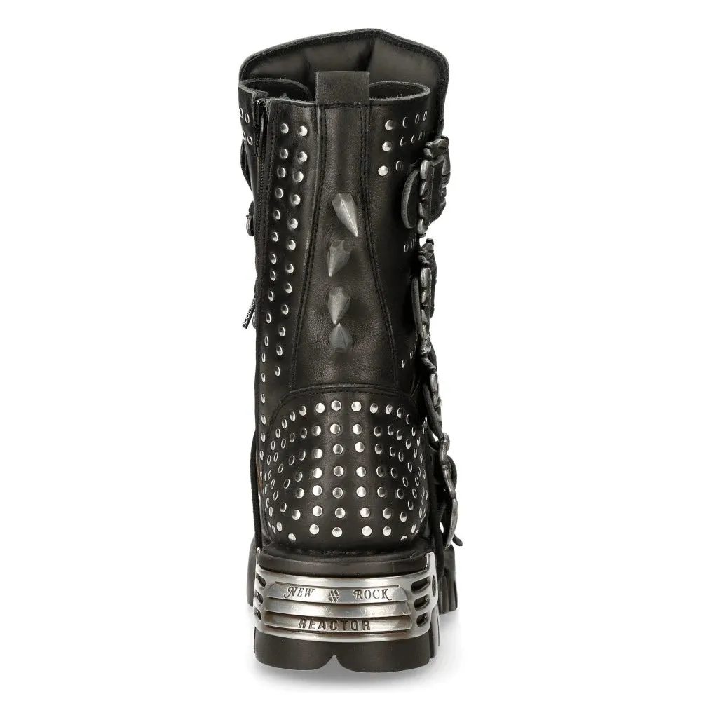 New Rock 1535-S1 Black Leather Military High Boots Metal Spikes Buckles Punk EMO