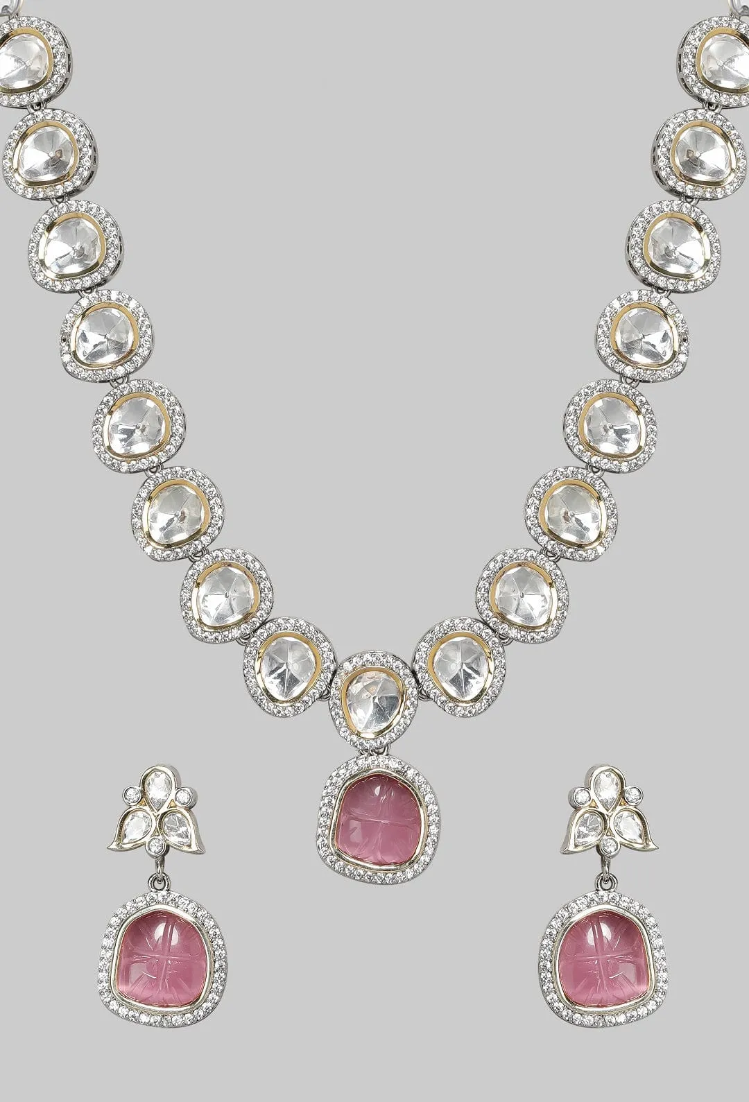 Rhodium-Plated Polki Kundan With Pink Stone Studded Jewelry Set