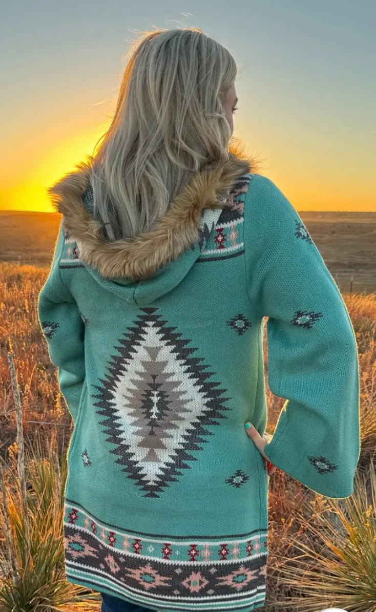 The Turquoise Montana Beth Fur Lined Hood Sweater