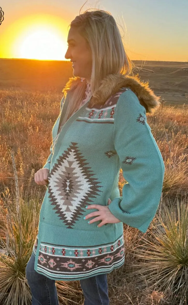 The Turquoise Montana Beth Fur Lined Hood Sweater