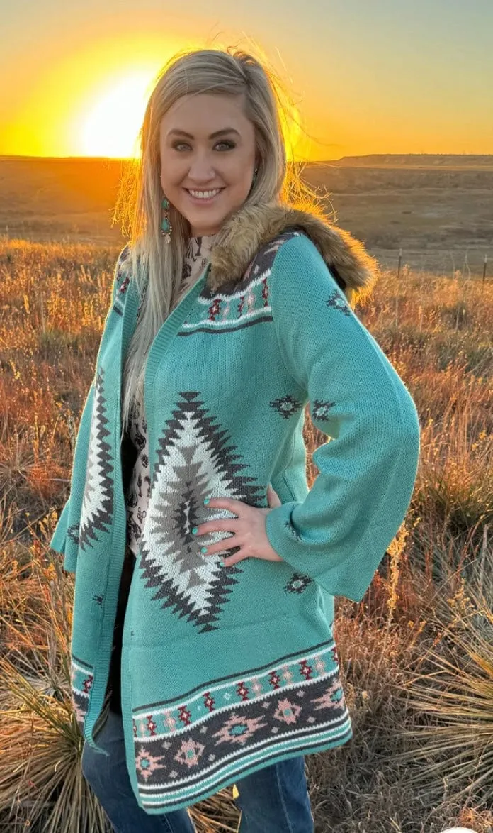 The Turquoise Montana Beth Fur Lined Hood Sweater