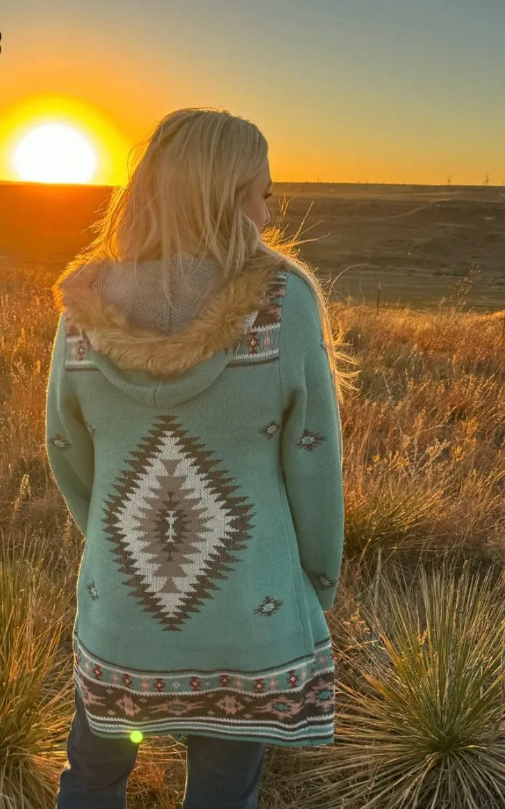 The Turquoise Montana Beth Fur Lined Hood Sweater