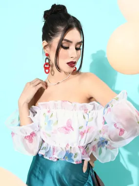 White Printed Off-Shoulder Organza Top