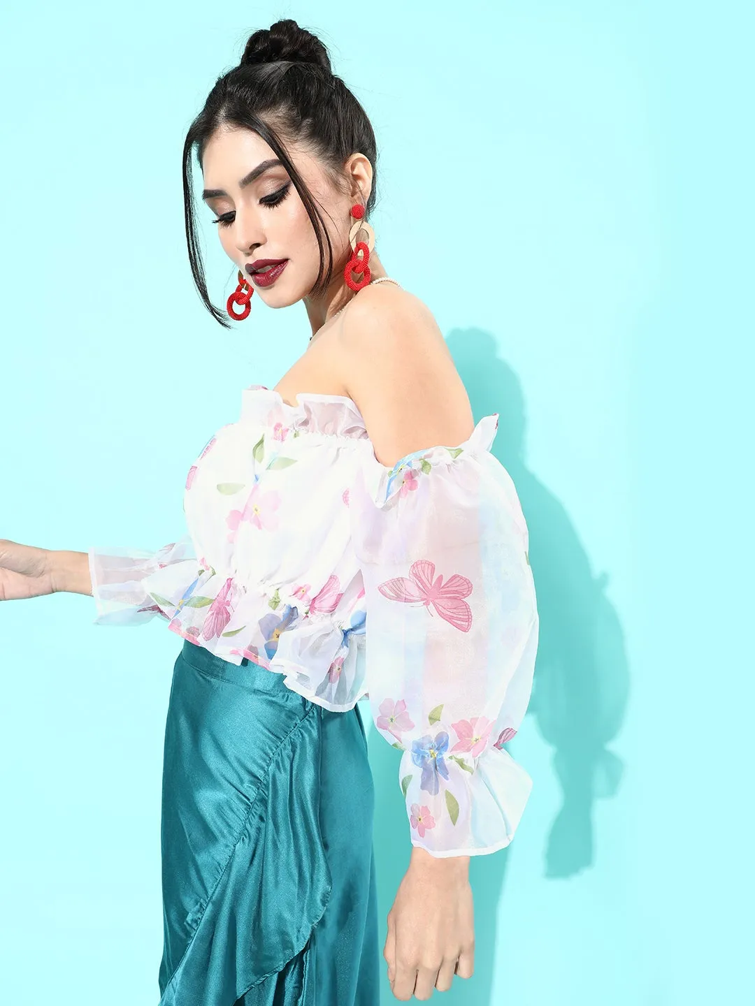 White Printed Off-Shoulder Organza Top